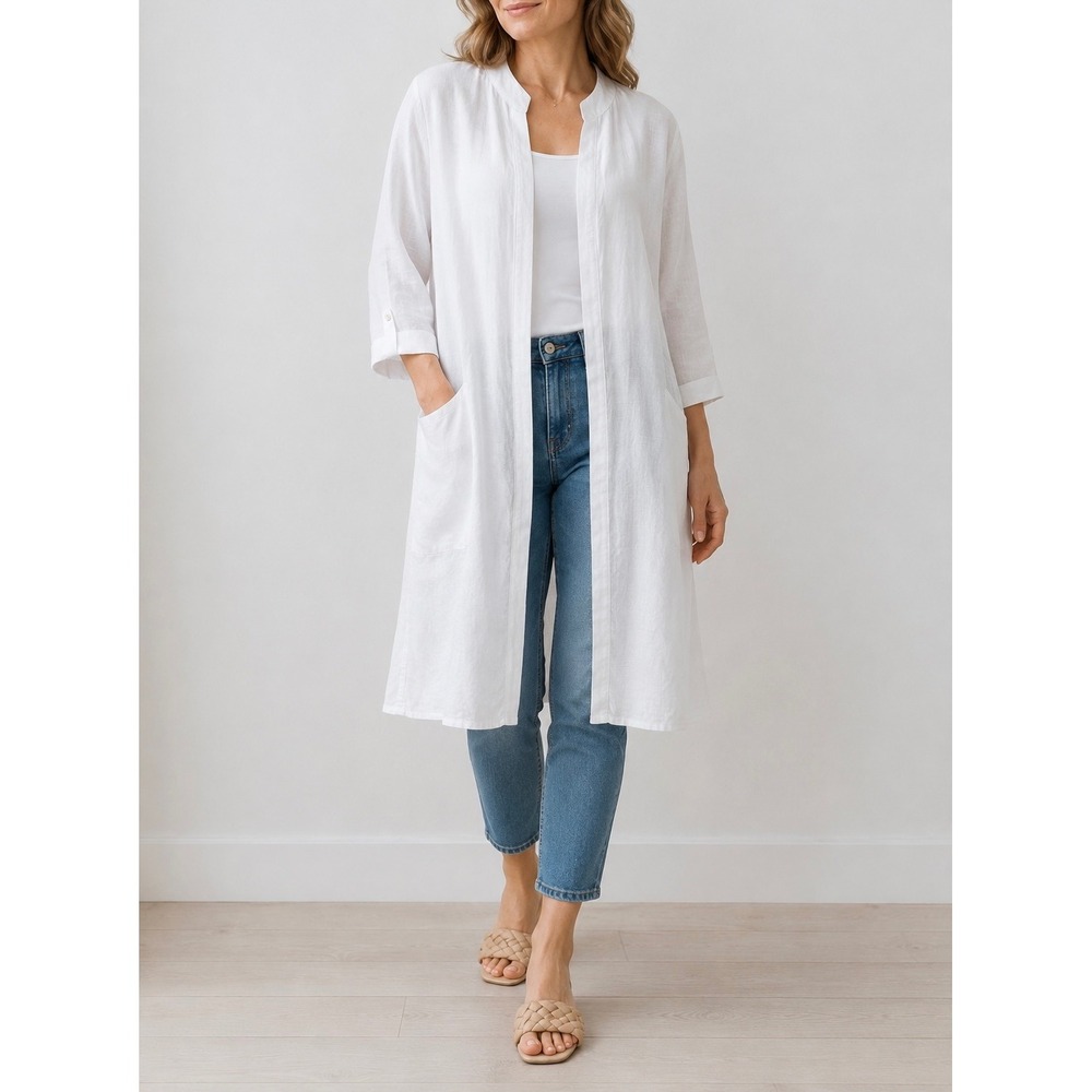 Pure J Jill Linen‎ Duster Cardigan Open Front Roll Tab Sleeves White XL